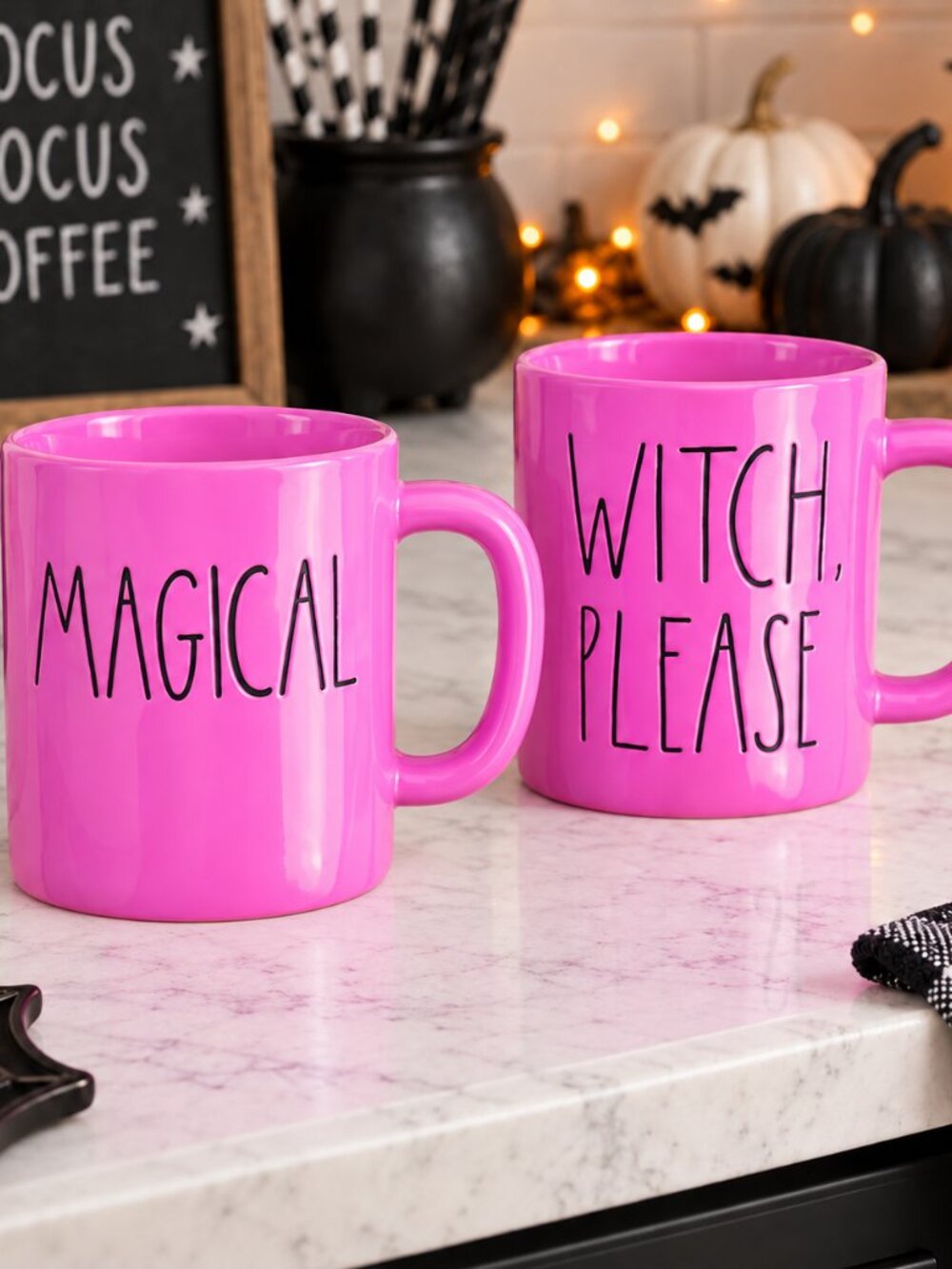 Rae Dunn MAGICAL WITCH PLEASE Purple Magenta Halloween Mug Set New